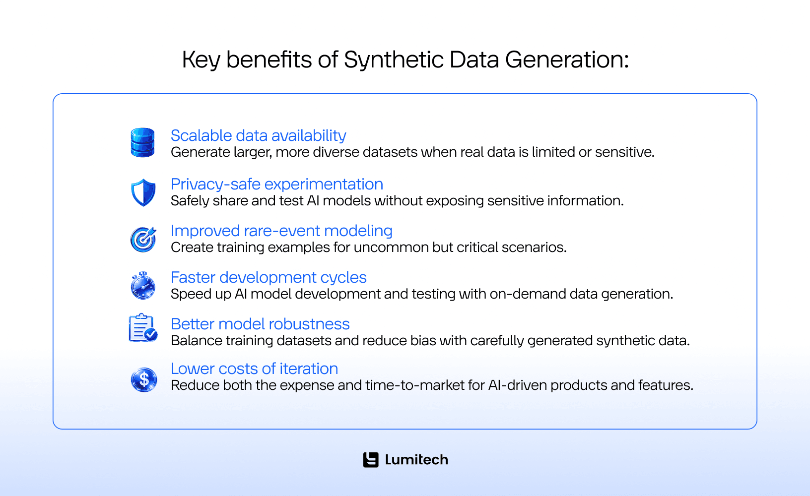 Key benefits of synthetic data generation for AI training, testing, privacy-safe experimentation, and faster development