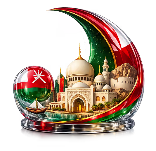 Oman crescent illustration with mosque and flag