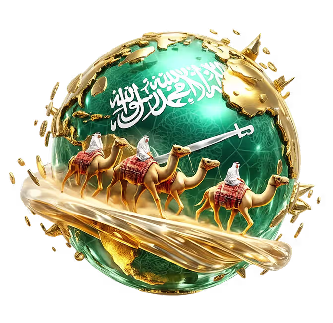 Saudi Arabia globe with camels and national emblem