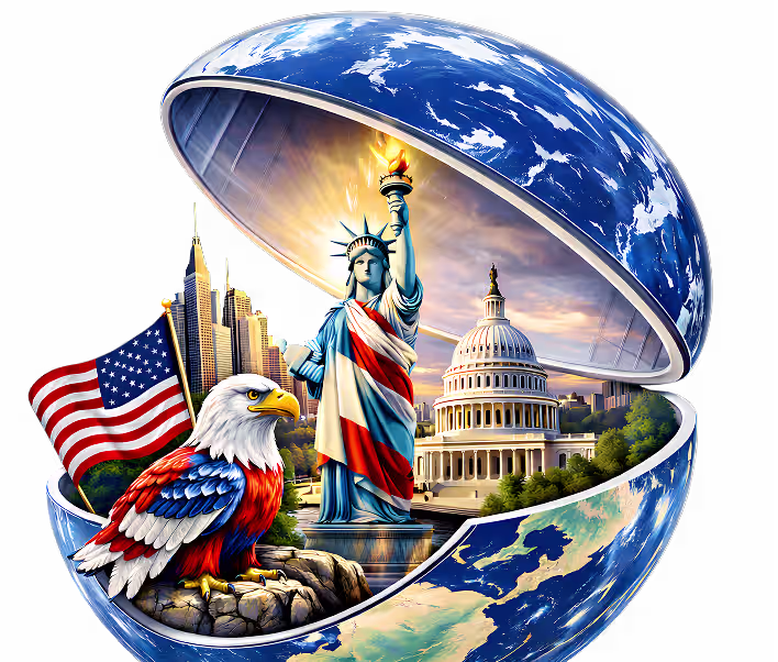 Open globe with Statue of Liberty, Capitol, eagle, and American flag